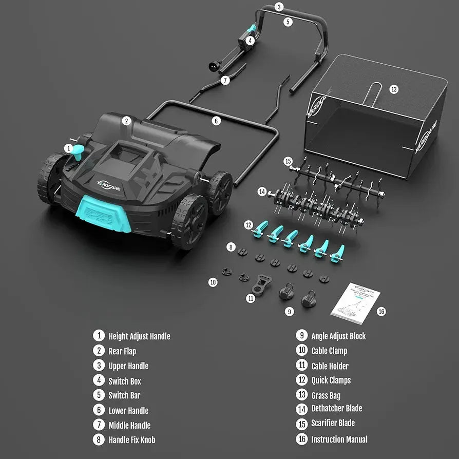 15Amp Lawn Dethatcher with 5-Position Depth Adjustment, 16-Inch 2-in-1 Dethatcher & Scarifier, 12-Gallon Collection Bag, Foldable Design for Easy Storage, Ideal for Lawn Care