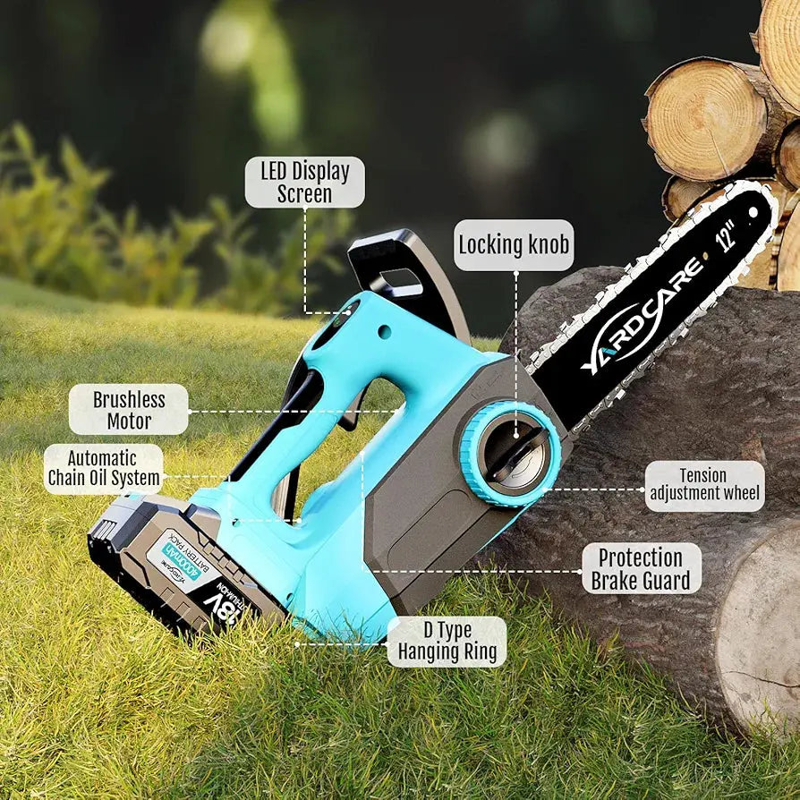 4.0Ah Battery Chainsaw 12-Inch,18V-20V Electric Chainsaw Cordless, Brushless Motor, Dual Modes, LED Display, for Professional Wood Cutting and Tree Pruning