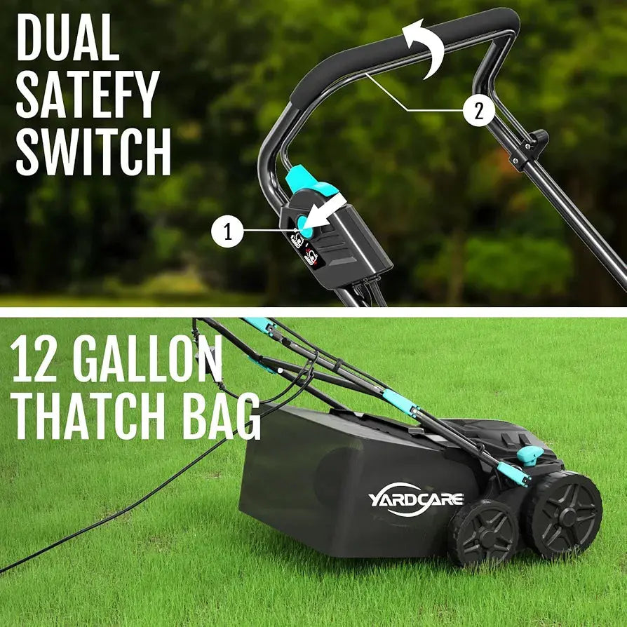 15Amp Lawn Dethatcher with 5-Position Depth Adjustment, 16-Inch 2-in-1 Dethatcher & Scarifier, 12-Gallon Collection Bag, Foldable Design for Easy Storage, Ideal for Lawn Care