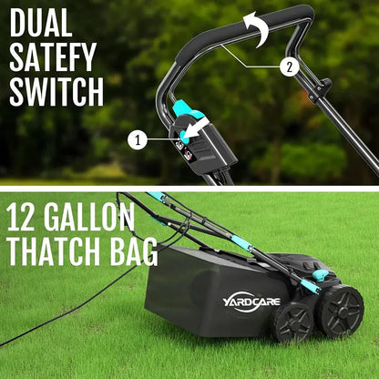 15Amp Lawn Dethatcher with 5-Position Depth Adjustment, 16-Inch 2-in-1 Dethatcher & Scarifier, 12-Gallon Collection Bag, Foldable Design for Easy Storage, Ideal for Lawn Care