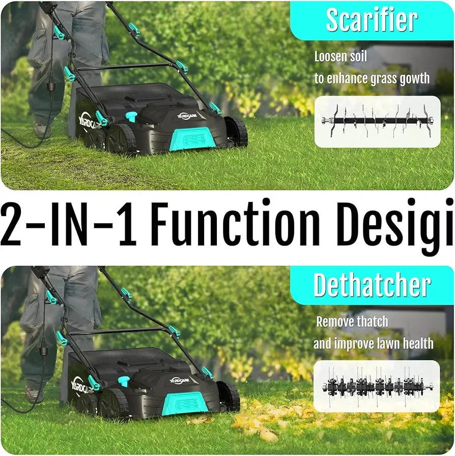 15Amp Lawn Dethatcher with 5-Position Depth Adjustment, 16-Inch 2-in-1 Dethatcher & Scarifier, 12-Gallon Collection Bag, Foldable Design for Easy Storage, Ideal for Lawn Care